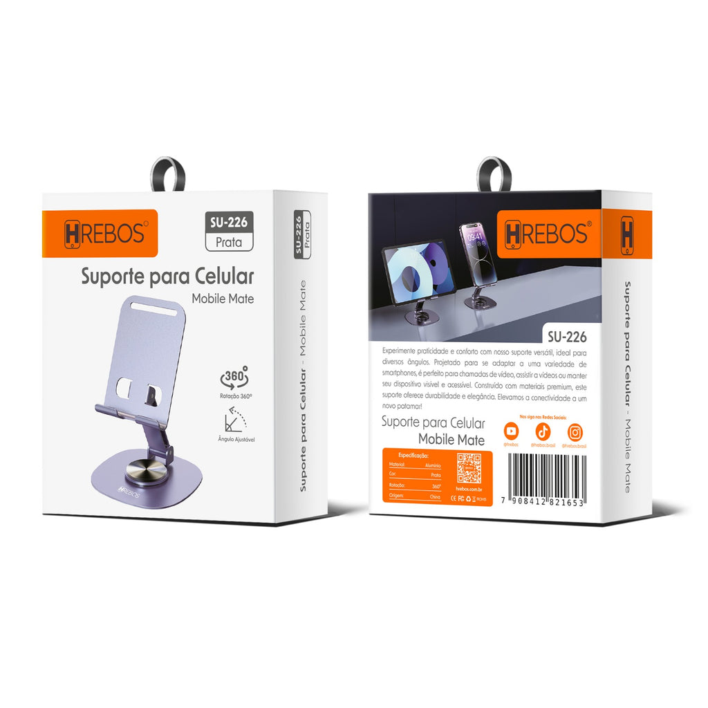 Suporte De Mesa Para Celular Alumínio Prata Rotação Hrebos SU-226